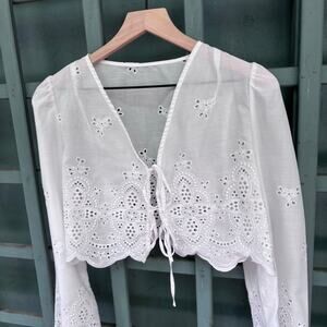 White Eyelet Tie Front Crop Blouse Bolero szXS Festval Boho Cottagecore Coquette